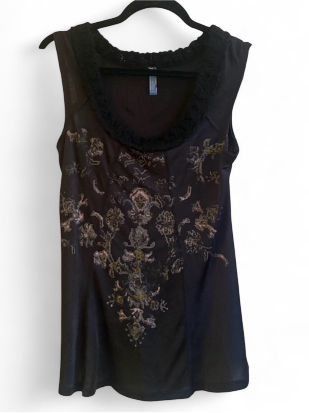 Free People Graphic Print Fuzzy Neckline Boho Whimsigoth Tank Top Shirt